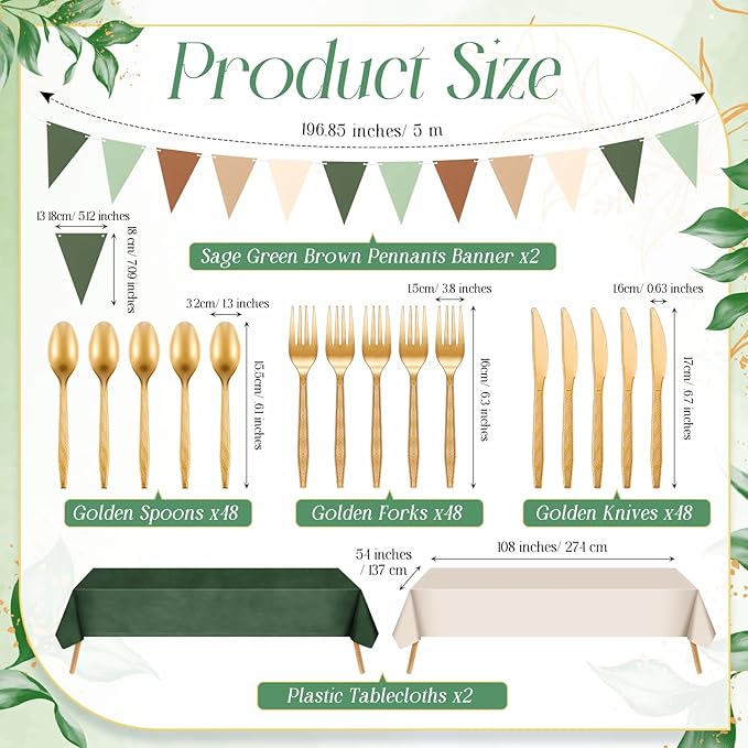 Mimorou 342 Pcs Woodland Baby Shower Party Supplies Sage Green Brown Tableware Paper Disposable Plates Napkins Cups Plastic Tablecloth Sage Brown Triangle Banner for Wedding Forest Birthday Party