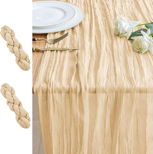 2PCS Table Runner Cheesecloth 10FT Sand Boho Gauze Cheese Cloth Rustic Sheer Table Runners for Wedding Bridal Baby Shower Party Decoration