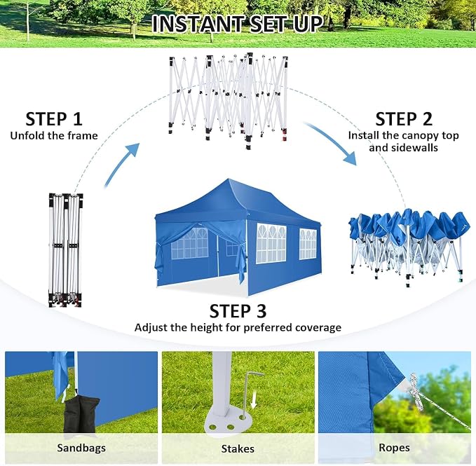 COBIZI Canopy 10x20 Pop Up Canopy Tent with Sidewalls, Waterproof Commercial Canopy Ez Outdoor Instant Gazebo UV Protection 50+ Event Shelter, Garden Tents for Parties with Sandbags, Ocean Blue