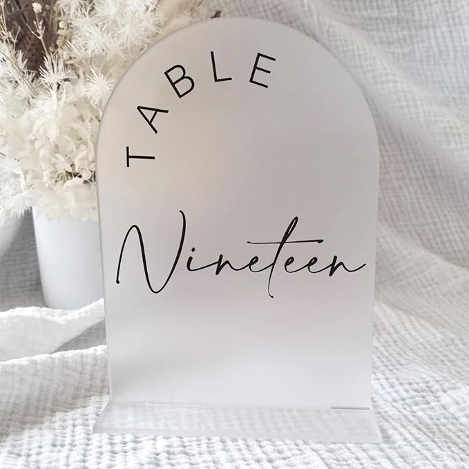JINMURY Frosted Arch Wedding Table Numbers 1-20 with Stands, 5x7 Inch Frosted Arch Acrylic Sign with Black Letters, Arched Acrylic Table Numbers for Wedding Reception