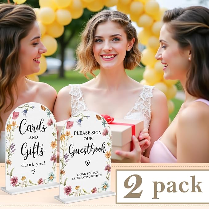 2 Pcs Acrylic Wedding Signs for Reception, Bridal Shower Decorations, Cards and Gifts Signs, Guest Book Sign, Arch Acrylic Table Top Sign with Holder for Wedding Reception (White Wildflowers)