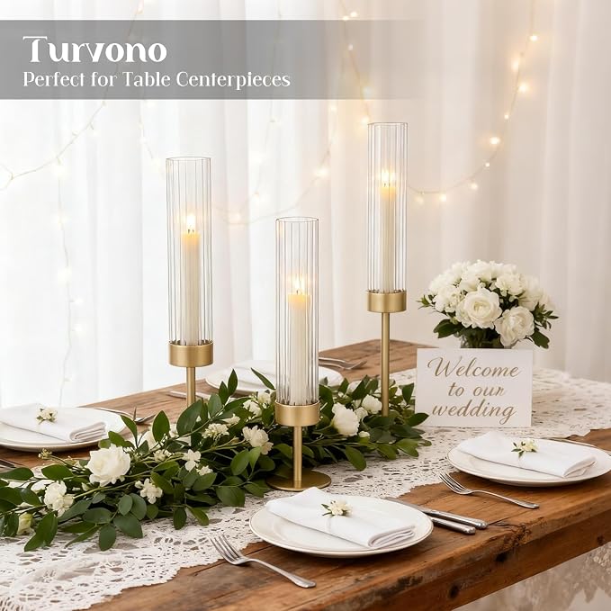 Gold Hurricane Candle Holders Set of 6, Brass Metal Candlestick Holders for Taper Candles, Modern Table Centerpiece Decor for Wedding, Party & Holiday Decorations