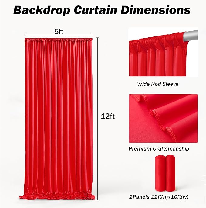10ft×12ft Red Backdrop Curtain for Wedding Parties, 2 Panels Wrinkle Free Polyester Photo Backdrop Drapes Back Drop Cloth for Memorial Day Birthday Photography Background
