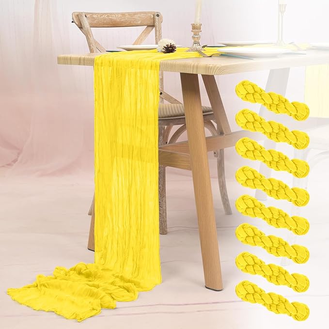 8 Pack Yellow Cheesecloth Table Runner 10FT Boho Gauze Cheese Cloth Table Runner Rustic Sheer Fabric Table Runners for Wedding Bridal Shower Baby Shower Party(21.5×120 Inch)