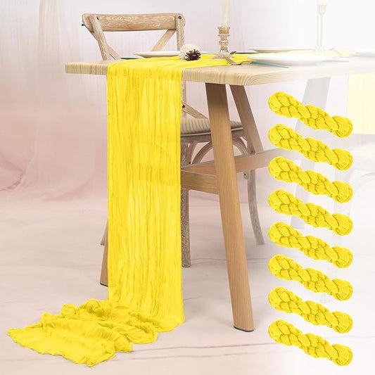 8 Pack Yellow Cheesecloth Table Runner 10FT Boho Gauze Cheese Cloth Table Runner Rustic Sheer Fabric Table Runners for Wedding Bridal Shower Baby Shower Party(21.5×120 Inch)