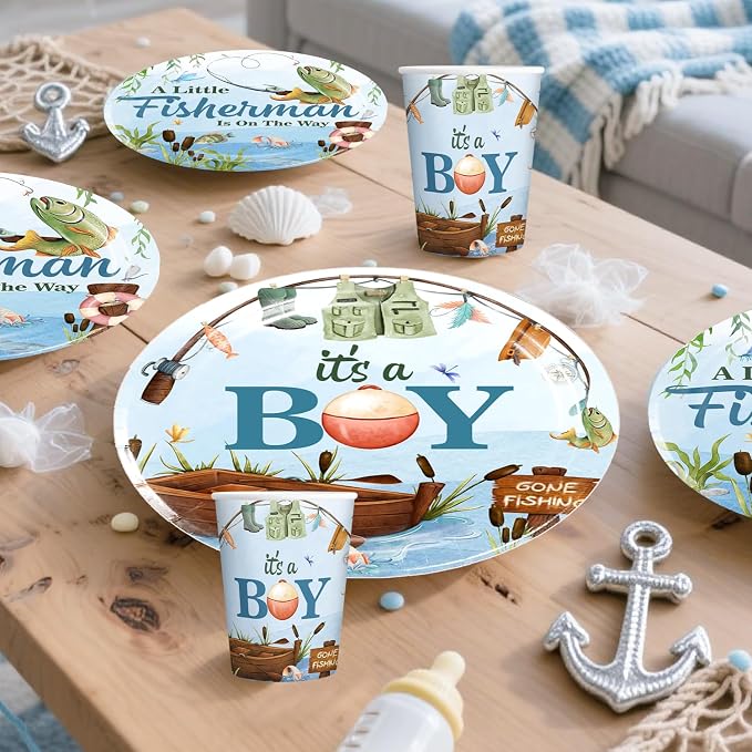 171 PCS Fishing Baby Shower Decorations for 20 Guests, Disposable Tableware Set with Banner, Cake Topper, Balloons, Plates and Napkins-Easy Assembly Fishing Theme Baby Shower
