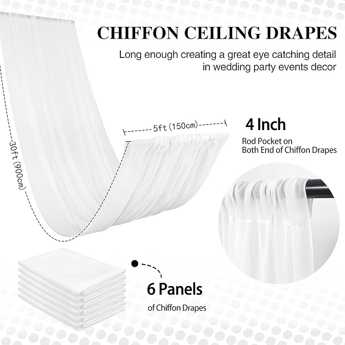 DUOBAO Sheer Voile Chiffon Fabric Draping Chiffon Ceiling Drapes 30ft, 6 Pieces White Wedding Ceiling Drapes Use for Backdrop Curtain - Wedding and Special Events - SnowWhite, 5x30feet