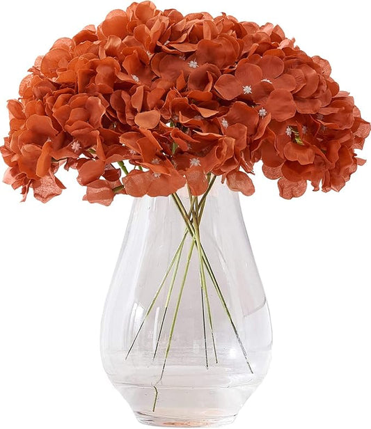 Rust Orange Artificial Hydrangea Flower Heads Hydrangea Silk Flowers with Stems for Wedding Centerpieces Bouquets DIY Floral Decor Home Decoration,Pack of 10pcs