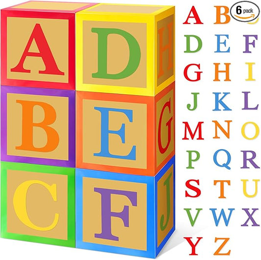 ReliThick 6 Pcs Custom Letter Toy Inspire Party Boxes with 52 Pcs Letter Cutouts 11.8 x 11.8 Inch Colorful Balloon Box Personalized Big Party Favor Box for Birthday Decoration (Dark Colors)