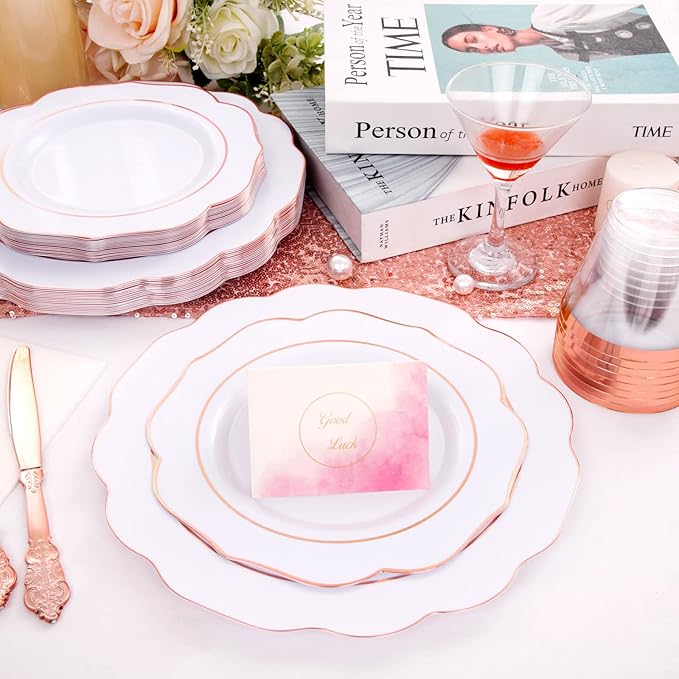 NOCCUR 175PCS Rose Gold Plastic Plates with Disposable Silverware - Include 25Dinner Plates, 25Dessert Plates, 25Forks, 25Knives, 25Spoons, 25Cups, 25Napkins for Party/Mother's Day