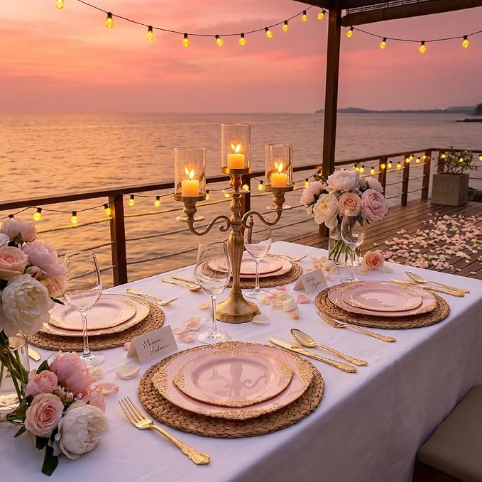 125PCS Pink and Gold Plastic Plates - Pink Disposable Plates - Vintage Plate with Gold Plastic Silverware Set for 25 Guests for Weddings Baby Shower Parties