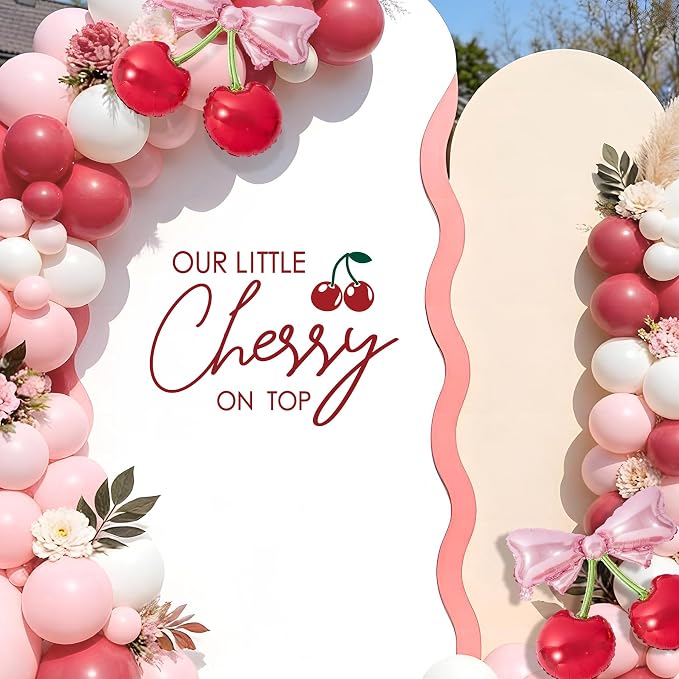 Cherry On Top Baby Shower Decorations - Our Little Cherry On Top Sign Decal for Backdrop Balloons Arch, Red Fruit Birthday Decorations for Girl, One Year Old Wall Decor, 1st Party Banner Supplies