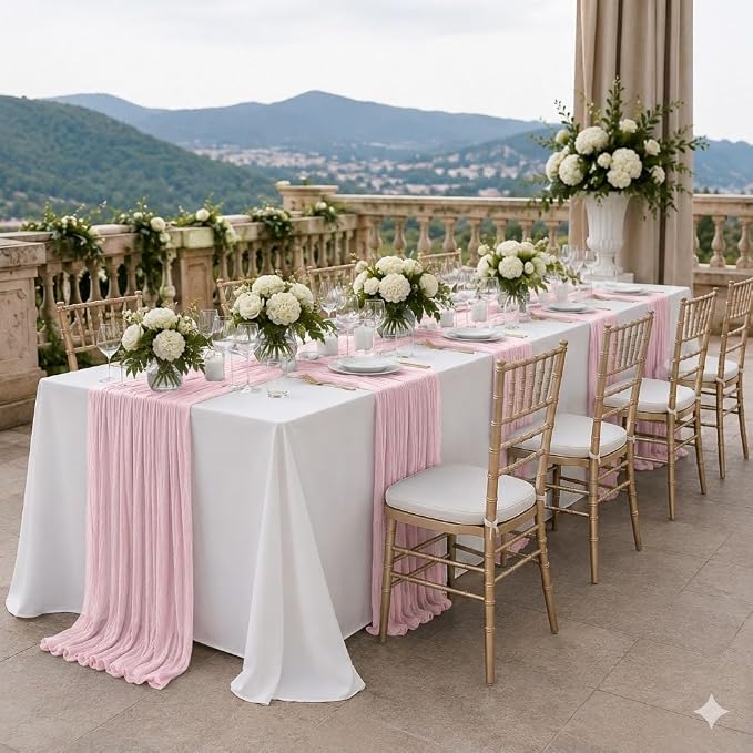 Cinrobiye 12 Pack Boho Wedding Table Decor Set, 6 White Tablecloths and 6 Cheesecloth Table Runners, Gauze Table Runner and Tablecloth Kit for Wedding Baby Shower Bridal Shower Party Reception(Pink)