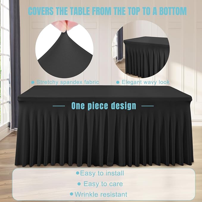 1 Pack Black Table Clothes for 8 Foot Rectangle Tables, Wrinkle Resistant Stretch Spandex Table Covers Fitted Tablecloth with Skirt for Event Banquet Wedding Birthday Party