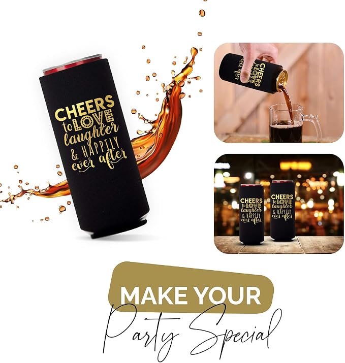 Wedding Can Cooler Decorations Set of 12 - Cheers to Love Laughter and Happily Ever After, Wedding Rehearsal Dinner Decorations - Bridal Showers, Engagement Party Favors for Guests and Supplies