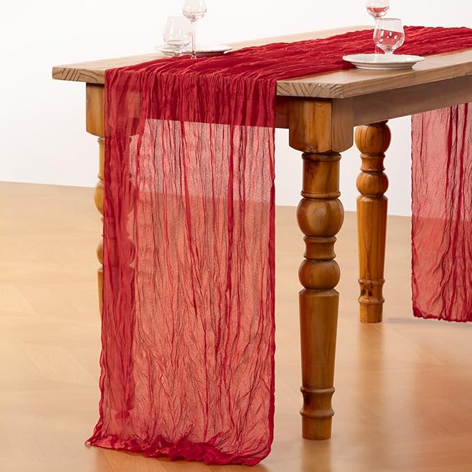DeZerlor Red Cheesecloth Table Runner 4 Pack Spring Easter Table Runners Boho Gauze 120 Inches Red Cheese Cloth Table Decor for Wedding Bridal Baby Shower Parties