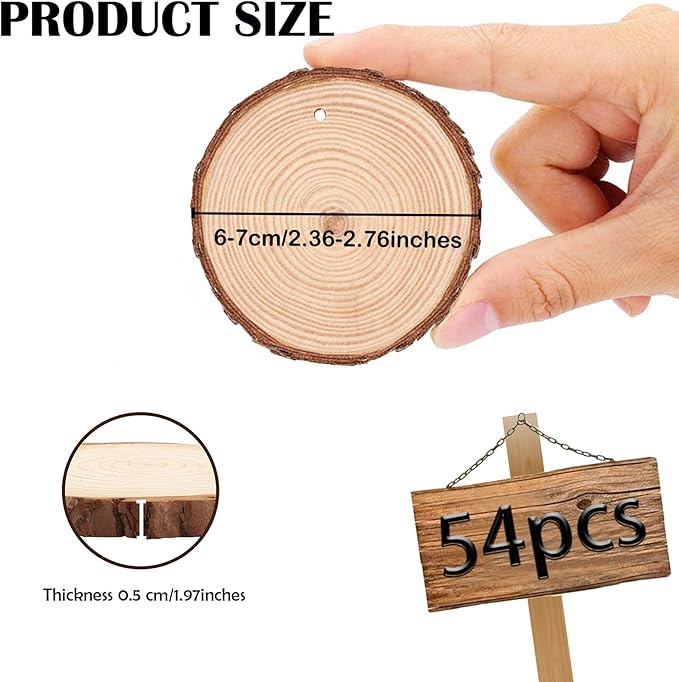 Wood Slice Ornaments 54 Pcs 2.4-2.8 Inches,Unfinished Natural Wood Cookies,Predrilled with Hole Wood Slices for Crafts,Christmas Ornaments Wedding Decorations etc. ﻿