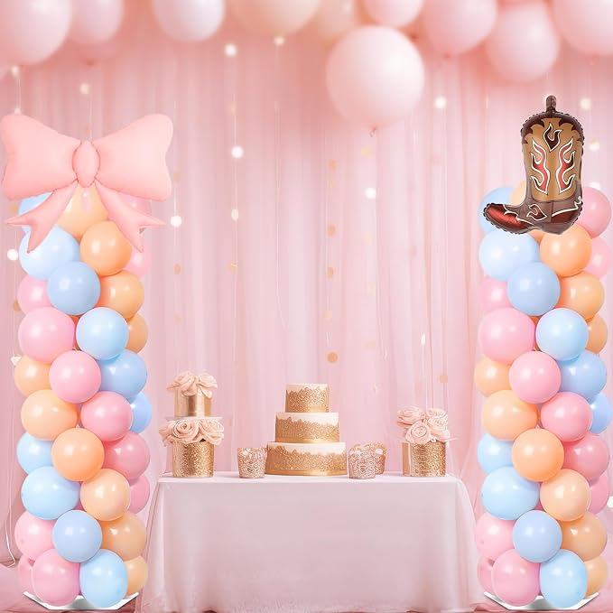 2 Sets Boots or Bows Gender Reveal Decoration Balloon Column Stand Kit with 102 Blue Pink Balloons 5.57ft Balloon Tower Stand with Base Arch for Western Cowgirl Cowboy Baby Shower Party Decor Supplies