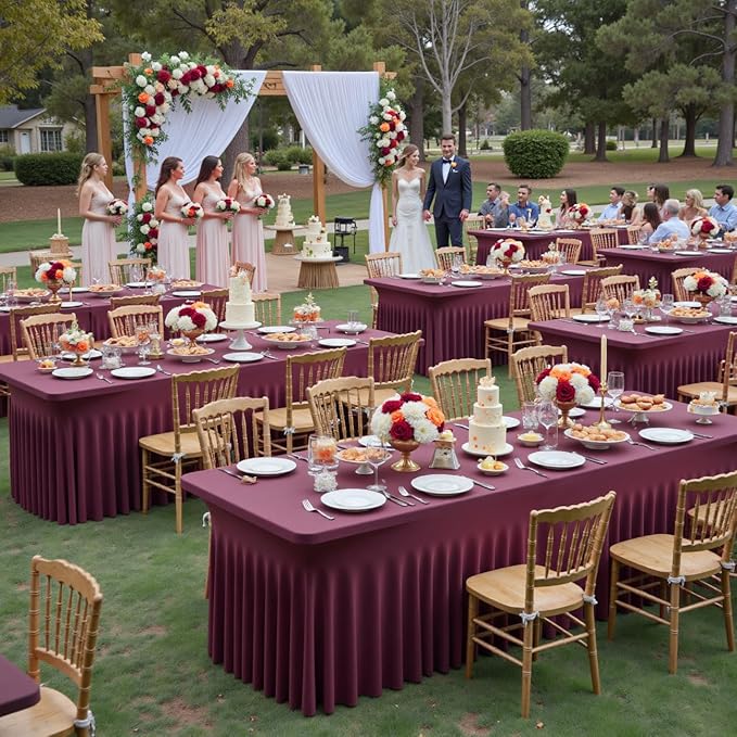 Outpain 6ft Spandex Table Cloth for Standard Folding Tables-4Pack Burgundy Table Cloth Table Protector for Party, Wedding, Cocktail, Banquet, Festival