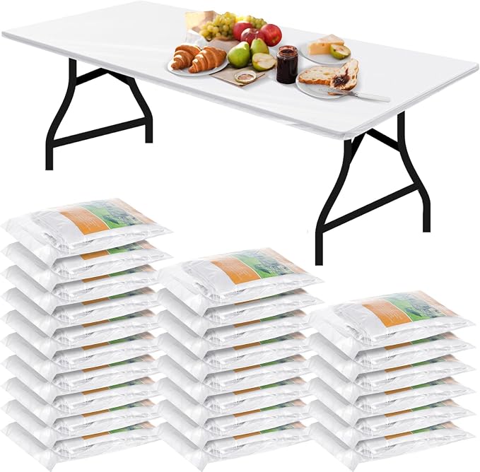 Boao 24 Pcs Summer Plastic Table Cloth Rectangle Picnic Table Covers Elastic Fitted Tablecloth, Disposable Waterproof for Camping, Indoor, Outdoor(White,8 Ft, 96 x 30 Inch)