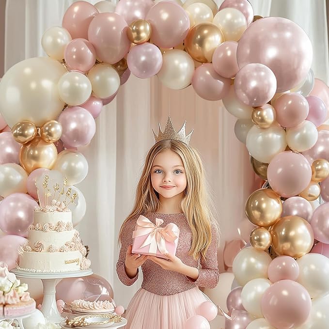 Pink Gold White Balloons Arch Kit - 119 pcs Double Stuffed Dusty Pastel Light Pink Champagne Gold Pearl White Sand Balloons for Birthday Bridal Shower Wedding Party Decorations