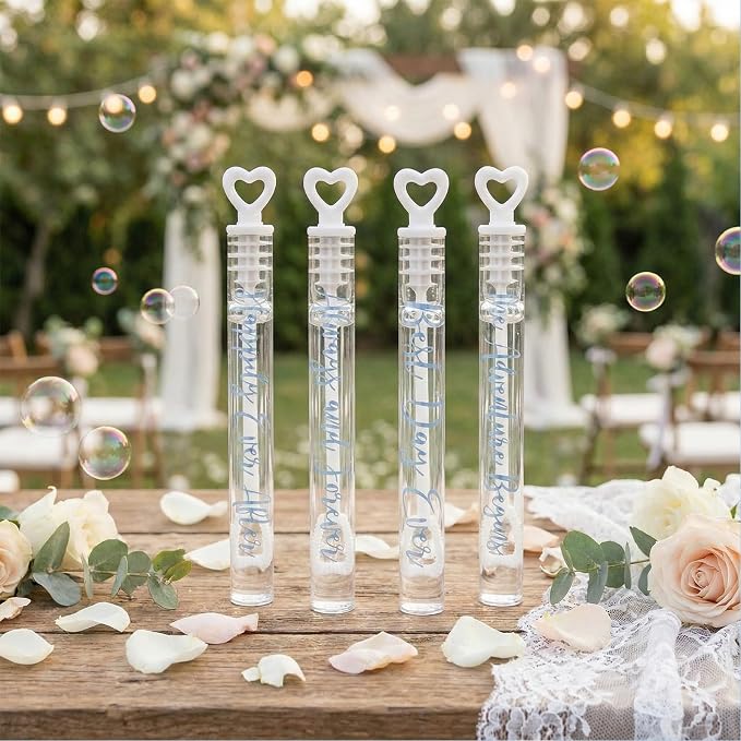 Hollowfly 120 Pack Wedding Mini Bubble Wands for a Wedding Bulk White Heart Blue Wish Bubble for Guests Send Off Wand Adults Bridal exit Shower Party Supplies Valentine Anniversaries Celebration