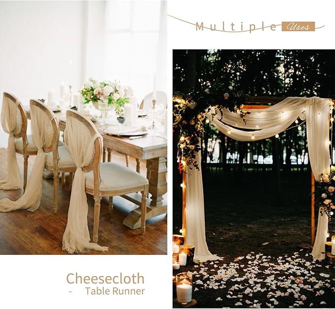 Showgeous 24 Pack Beige Cheesecloth Table Runner, 10FT Long Semi-Sheer Boho or Rustic Gauze Table Runner Wedding Table Decor for Wedding Arch Draping Bridal Shower Holiday Party