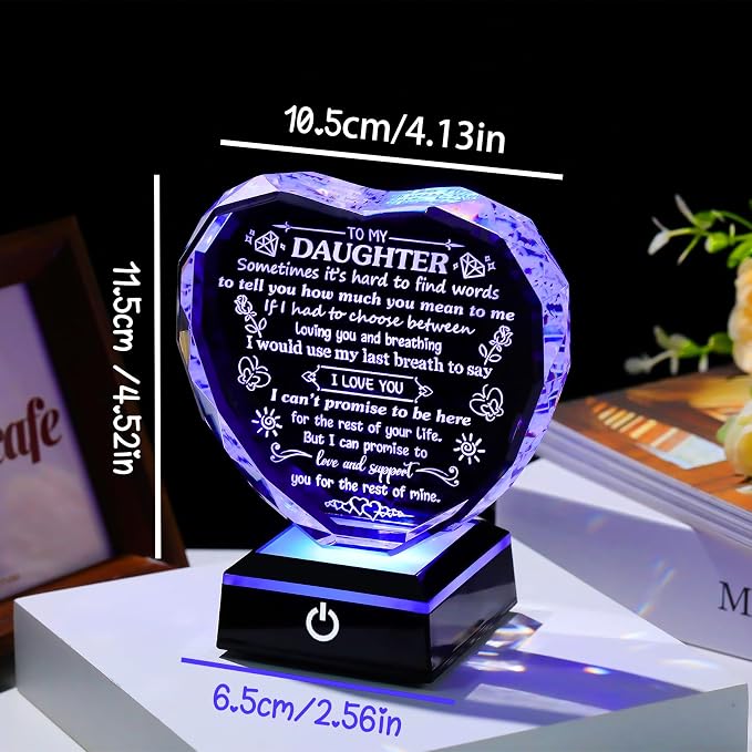 Arikyrist Daughter Gifts from Mom Dad Heart Shaped Crystal Plaque for Daughter with LED Light Base Birthday Graduation Weddind Gifts for Daughter