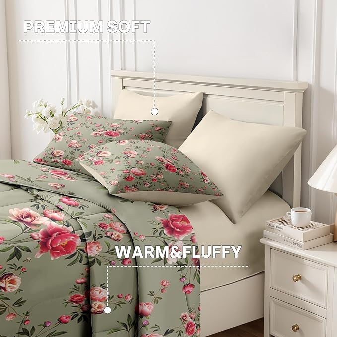 Nesker 5 Pcs Comforter Set Twin Size, Vintage Floral Beige Bedding Set for Kids and Adults, Rose Flower Pink Bed Sheet Sets with Fitted Sheet Pillowcases & Shams
