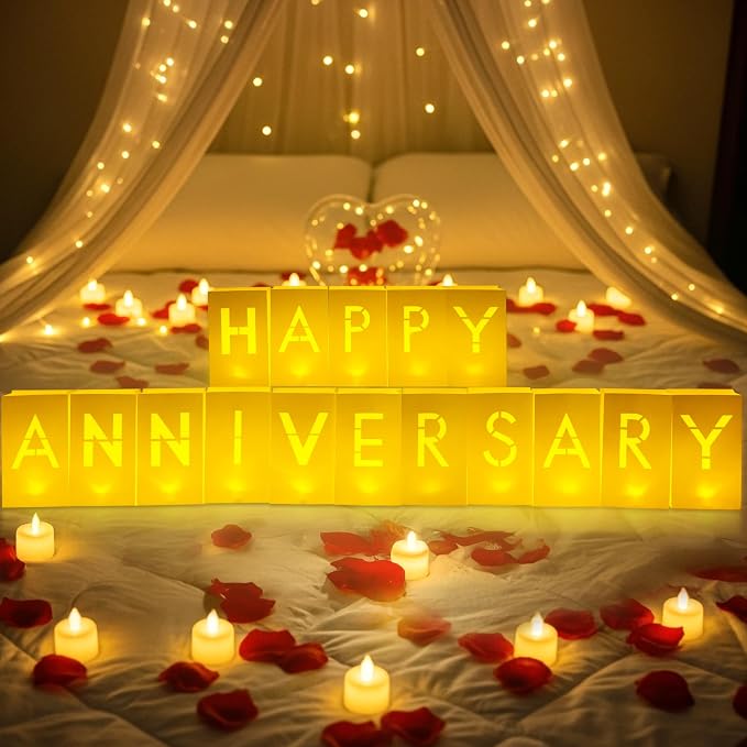 Happy Anniversary Decorations Light up Letters - Luminary Paper Bags to be Used as Happy Anniversary Banner and Anniversary Decorations Romantic