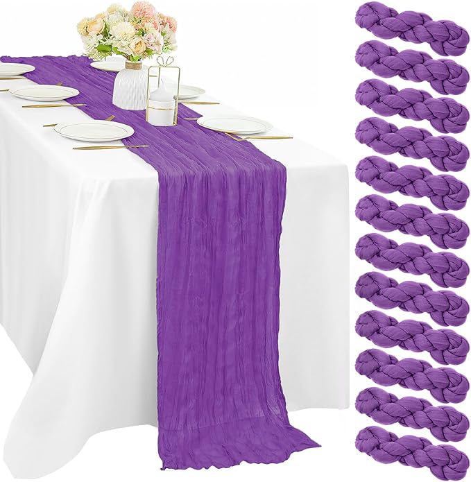 Purple 12 Pcs Cheesecloth Table Runner 10FT Runner for Tables Gauze Fabric 35 x 120 Inches Long Boho Table Runner Decoration Rustic Sheer Runner for Wedding Birthday Baby Shower Party (Purple)