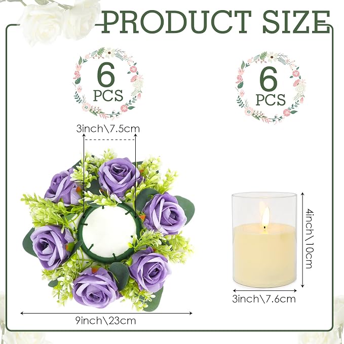 Purple Rose Candle Rings with Flameless Candles Sets - 12PCS Artificial Flower Eucalyptus Wedding Centerpiece 3 Inch Pillar Candleholders Wreaths for Wedding Party Decor (Purple - 6 Sets)