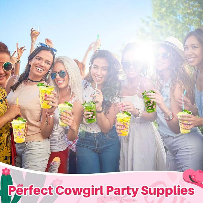 Geyoga 100 Pcs Western Cowgirl Plastic Cups 16 oz Pink Cowgirl Disposable Clear Drinking Cups Bulk Lets Go Girls Decoration for Western Birthday Disco Party