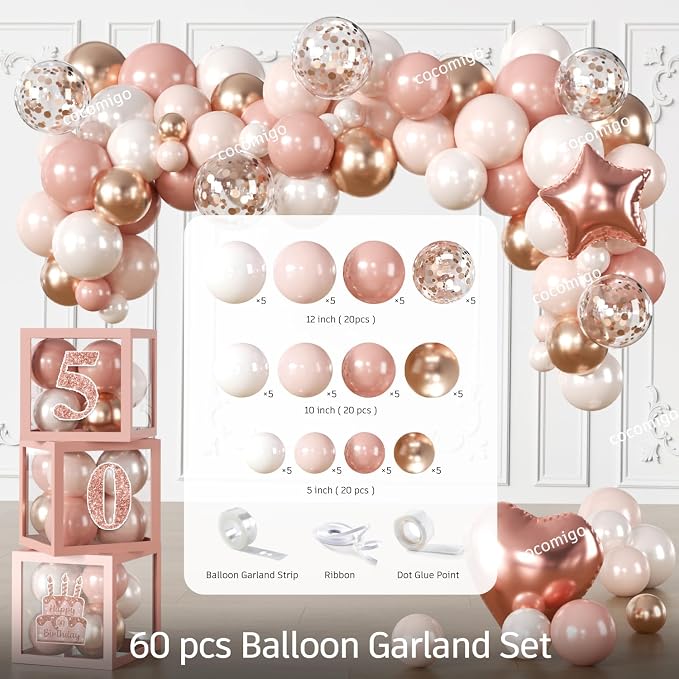 cocomigo 241pcs Rose Gold Happy 50th Birthday Decorations With Crown and Sash, Balloon, Rain Curtains, Plates and Napkins, Service 25 Guests, For Women's 50th Birthday Party