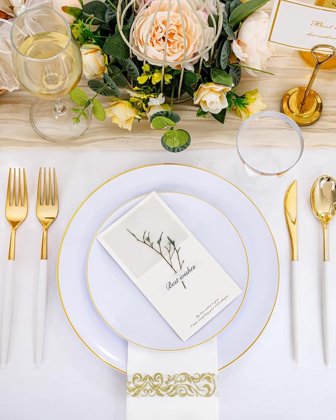 Supernal Gold Disposable Plates Silverware Set Serves 30 Birthday Wedding | Heavy Duty Elegant Tableware for Birthdays Bridal Shower Baby Shower Anniversary Halloween Thanksgiving Christmas