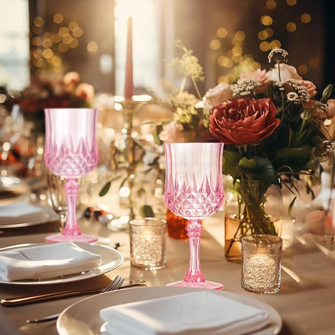 XKXKKE 12 Pcs Pink Plastic Wine Glasses, Plastic Water Goblets for Parties, Stemmed Drinking Glasses for Wedding Reception, Grand Event Party Bar Supplies Reusable Drinking Cups