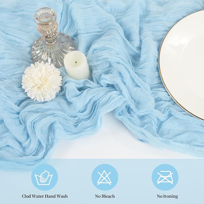20 Pack Cheesecloth Table Runner 17 x 108 inch Long Boho Gauze Table Runners Semi Sheer Table Runner for Wedding Decor, Baby Shower, Birthday Party, Banquet (Light Blue)