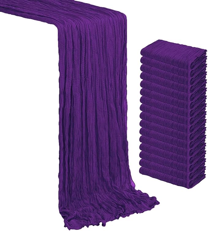 MDS Pack of 20 Cheesecloth Table Runner 35x170 Inch, 14FT Long Gauze Cheese Cloth Table Runner for Wedding Party Birthday Bridal Shower Farmhouse Garden Boho Rustic Table Decoration - Purple