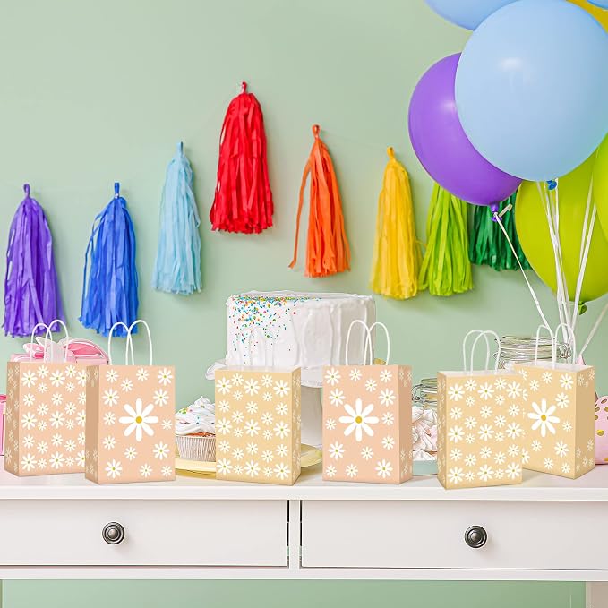 Outus 24 Pcs Daisy Party Favor Bags Boho Groovy Flower Gift Goodie Paper Bags with Handles Retro Hippie Flower Candy Treat Pouch for Daisy Birthday Party Decorations Supplies