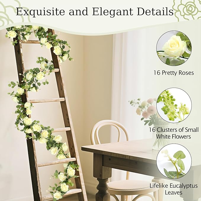 Lewondr Artificial Eucalyptus Garland with Flower, 2Pack 13FT Faux Floral Greenery Garlands Fake Flowers Vines, Maintenance-Free for Wedding Table Backdrop Party Centerpiece Room Decor, Champagne