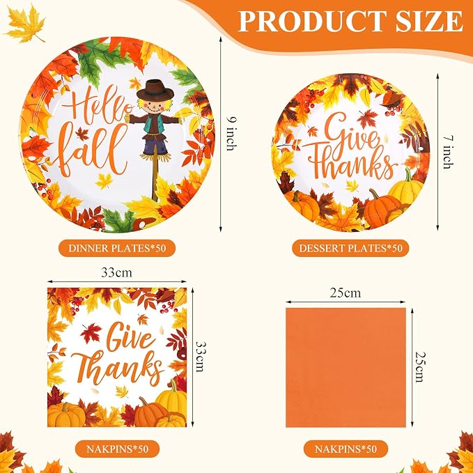 Funnymoom 200 Pcs Fall Thanksgiving Tableware Give Thanks Hello Fall Pumpkins Disposable Paper Dinner Dessert Plates Maple Leaves Napkins for Autumn Harvest Decor Birthday Holiday Party 50 Guests