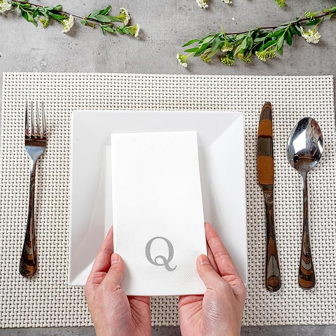Luxenap 15.8 X 7.9 Inch Linen-Feel Guest Towels, 2000 Lettered Hand Towels - Silver Letter 'Q', Sans Serif Font, White Paper Dinner Napkins, airlaid, For Restrooms And Tables - Restaurantware