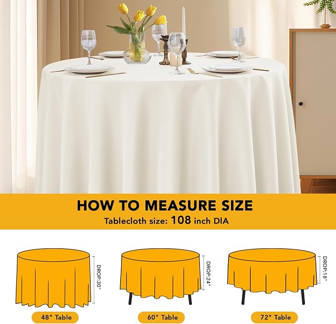 6-Pack Ivory Round Tablecloths, 108 Inches, Stain-Resistant Polyester for 4-5 Ft Round Tables - Washable Table Covers for Weddings, Banquets, Birthday Parties, Events