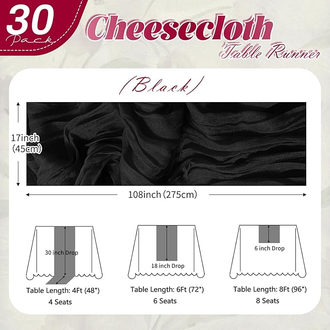 30 Pack Black Cheesecloth Table Runner 17 x 108 inch Cheese Cloth Table Runners 9ft Black Table Runner Rustic Romantic Sheer Gauze Runner for Wedding Party Baby Shower Table Decoration