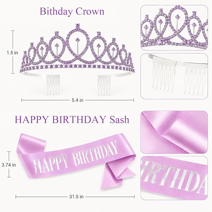Purple Birthday Decorations for Women Girls,Purple Latex Balloons with Happy Birthday Banner,Fringe Curtain,Cake Topper,Sash and Crown for Birthday Party Supplies