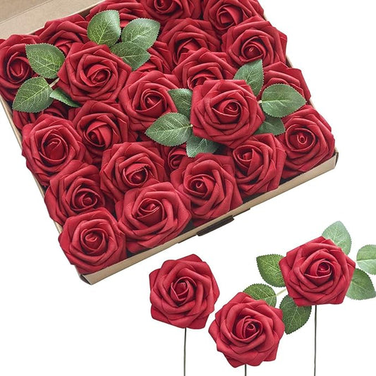 Ling's moment Christmas Artificial Flowers 25Pcs Dark Red Roses Decor w/Stems,3" DIY Foam Floral for Wedding Bouquet/Centerpieces, Outdoors Party Backdrop, Room/Table Decorations