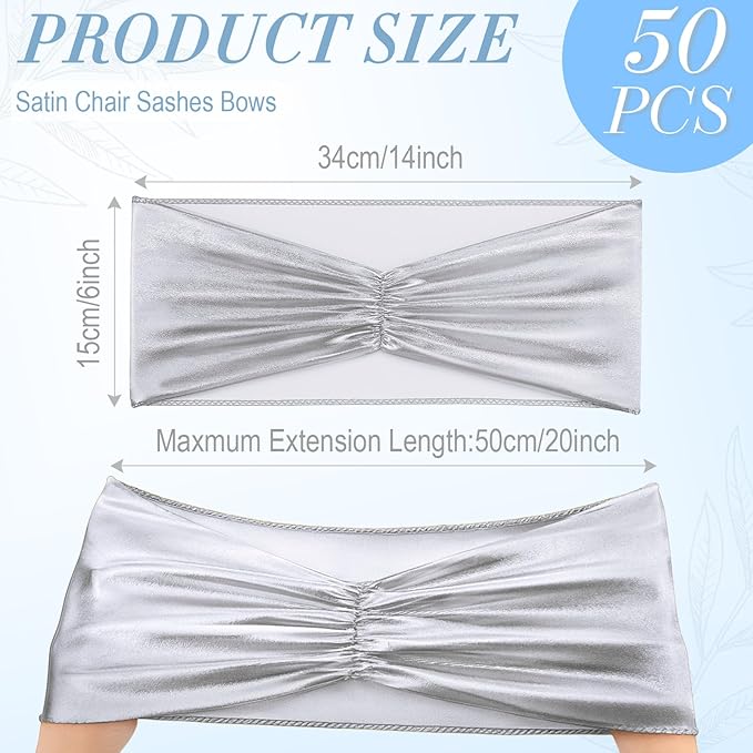 Hahafelt 50 pcs Chair Sashes Shiny Bow Spandex Bands for Dining Chair Slipcover Wedding Banquet Parties Reception Restaurant Decoration, Silver