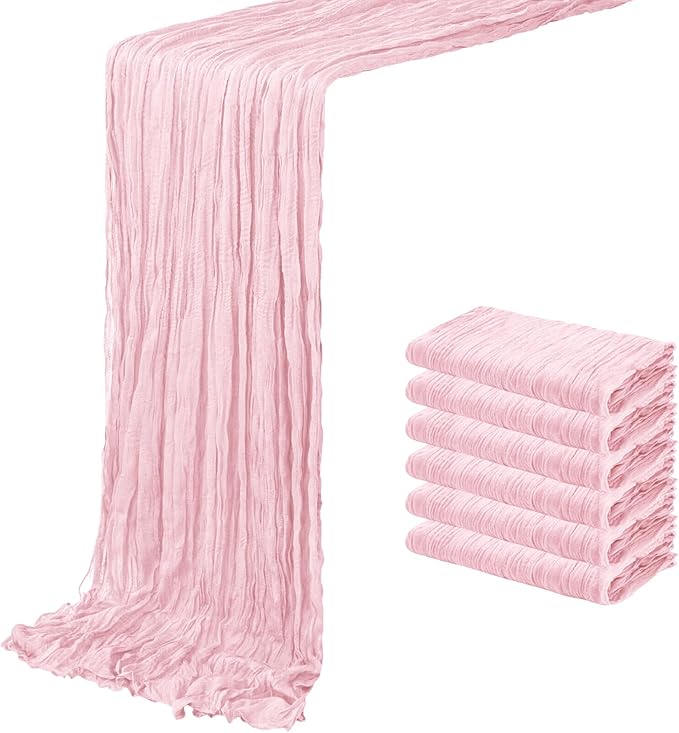 6 Pack Light Pink Cheesecloth Table Runner 20 x 120 inch Gauze Table Runners 10 FT Long,Semi Sheer Boho Cheese Cloth Fabric Table Runner Bulk for Wedding,Party,Baby Shower,Bridal Shower Decoration
