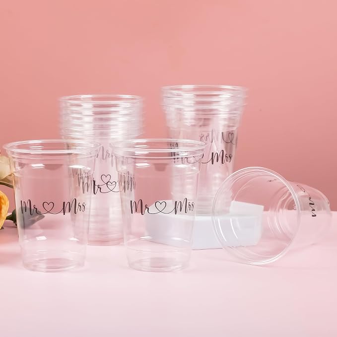 AimFun 50Pcs Mr and Mrs Plastic Cups Wedding Bridal Shower Disposable Party Cups Wedding Reception 12oz Clear Drinking Cup for Anniversary Birthday Party Supplies Decorations (50, Black)