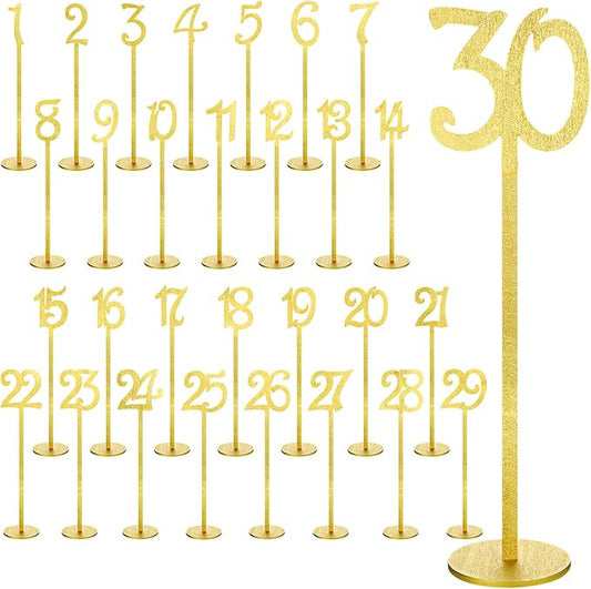 30 Pcs Wood Table Numbers Wedding 1-30 for Reception Stands Seat Table Numbers with Holder Base for Wedding Party Event Catering(Gold Color)
